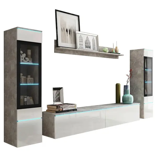Set Mobilă Living, 4 piese, gri, alb lucios intens, 240/130/33 cm