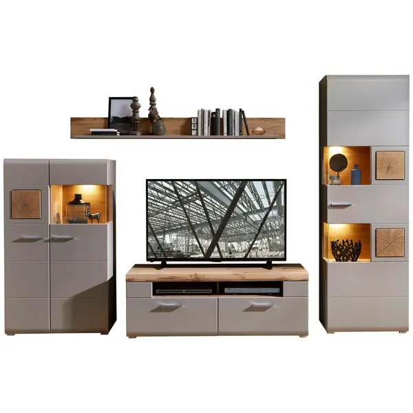 Set Mobila Living, 4 piese, gri, culoare lemn stejar, 325/205/47 cm