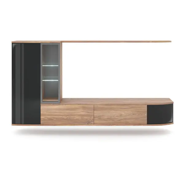 Set Mobilă Living, 4 piese, negru, culoare lemn stejar, 255/130/40 cm