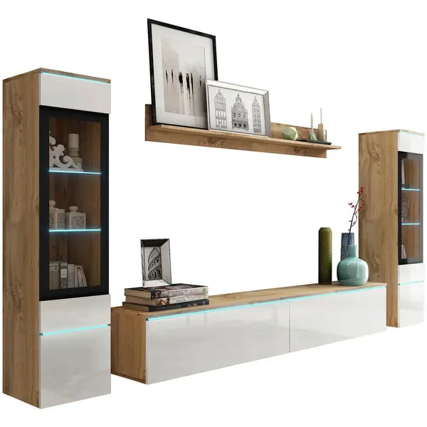 Set Mobilă Living, 4 piese, stejar Wotan, alb lucios intens, 240/130/33 cm