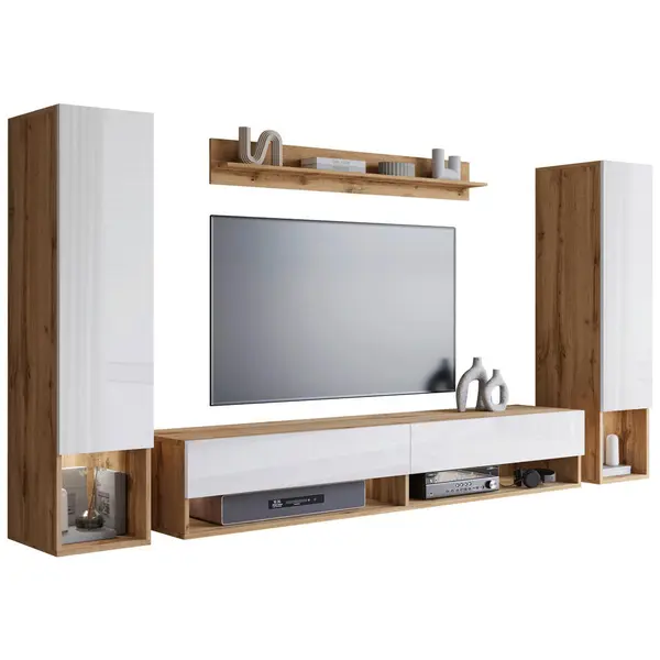 Set Mobilă Living, 4 piese, stejar Wotan, alb lucios intens, 245/130/32,5 cm
