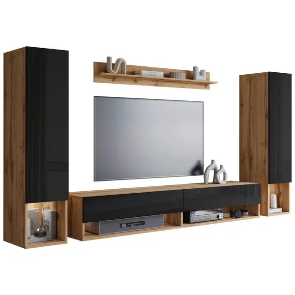 Set Mobilă Living, 4 piese, stejar Wotan, negru lucios intens, 245/130/32,5 cm