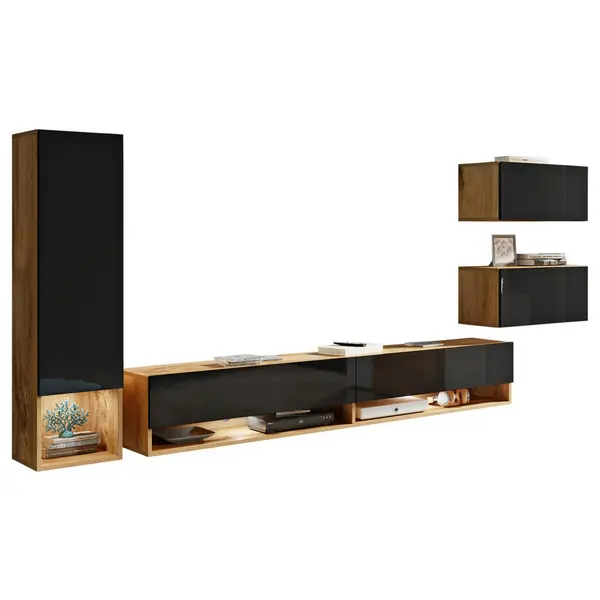 Set Mobilă Living, 4 piese, stejar Wotan, negru lucios intens, 270/130/32,5 cm