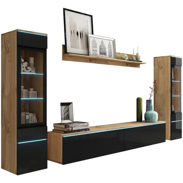 Set Mobilă Living, 4 piese, stejar Wotan, negru lucios intens, 240/130/33 cm