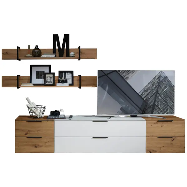 Set Mobilă Living, alb, culoare lemn stejar, 290/172/44 cm