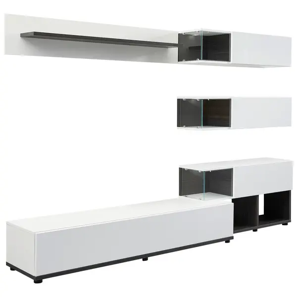 Set Mobilă Living, maro închis, sidefiu, alb lucios intens, 240/150/40 cm