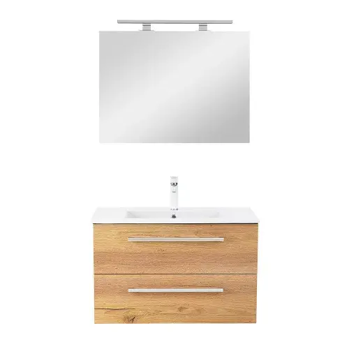 Set mobilier baie antracit-stejar cu lavoar ceramic 80 cm si oglinda 60x80 cm, Leziter Vario Clam