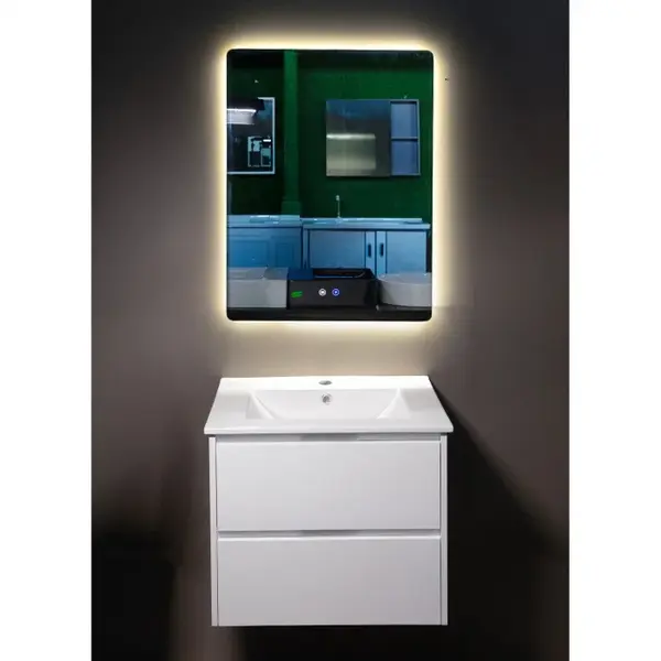 Set mobilier baie PVC alb Andra YJ-60-800 cu lavoar ceramic si oglinda cu LED antiaburire 80 cm