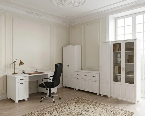 Set mobilier birou Dinasty alb - birou, dulapuri si biblioteca MDF infoliat