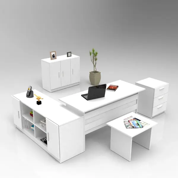 Set mobilier de birou Linta XL, 5 piese, Birou - Biblioteca - Consola - Masa - Rollbox, 140x60x74 cm