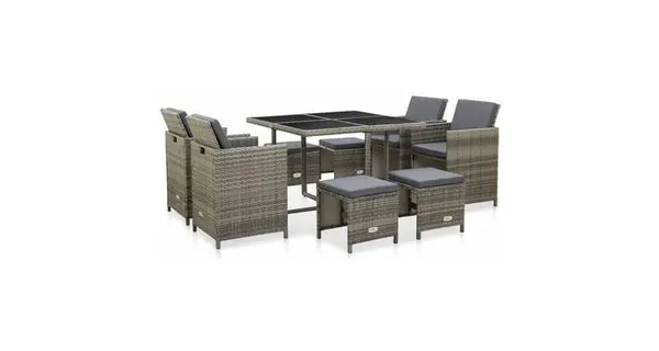 Set mobilier de exterior cu perne, 9 piese, gri, poliratan
