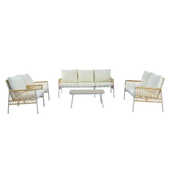 Set mobilier de grădină 7 locuri din PE-ratan și oțel zincat, măsuță cu blat din sticlă temperată cu efect lemn, perne lavabile, Bej