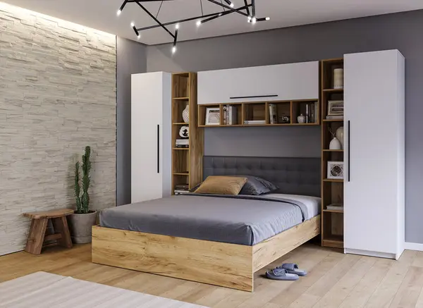 Set Mobilier Dormitor Complet Timber - Tapiterie Neagra - Configuratia 12