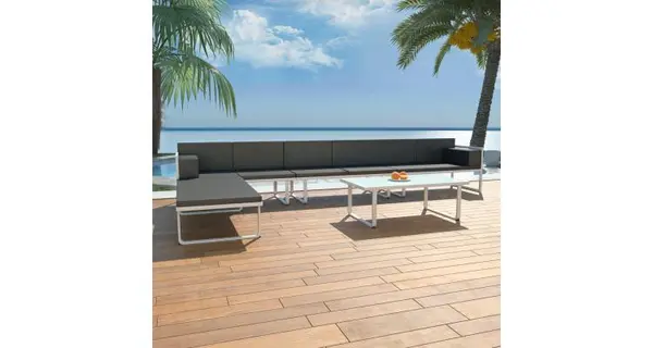 set mobilier grădină, 17 piese, textilenă, aluminiu, negru/alb