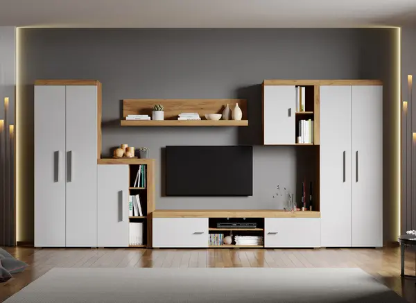 Set Mobilier Living Alb cu Stejar Auriu Crispy-C03