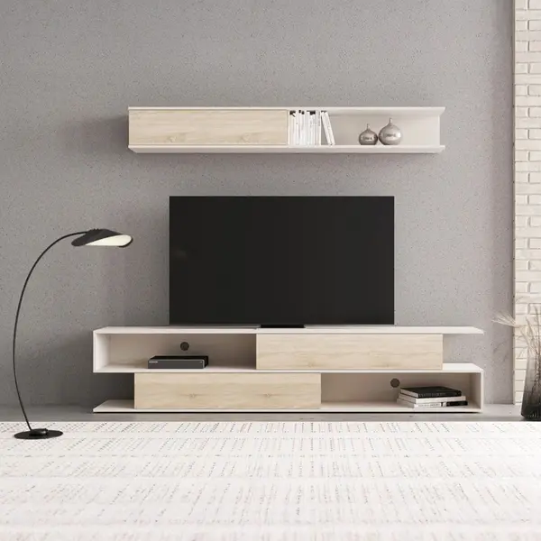 Set mobilier living cu spatiu de depozitare Brick, Lemn, Sonoma-Crem, 240x40x51 cm