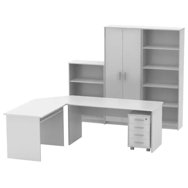 Set Mobilier Office Nova Alb - Birou in Colt cu Biblioteca pentru Spatii de Lucru