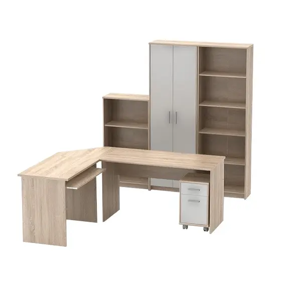 Set Mobilier Office Nova Sonoma Alb - Birou in Colt si Biblioteca pentru Spatii de Lucru