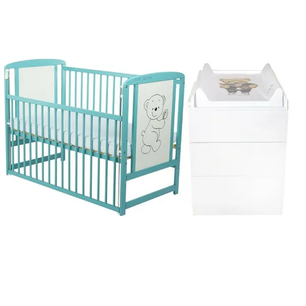Set mobilier pentru copii, BabyNeeds: Patut din lemn de pin, cu laterala culisanta si somiera reglabila in 3 trepte, Timmi, 120x60 cm + Saltea cocos-burete-cocos, 10 cm + Comoda cu masuta de infasat, Alb/Mint