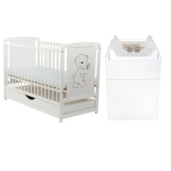 Set mobilier pentru copii, BabyNeeds: Patut din lemn de pin, cu sertar cu capac si somiera reglabila in 3 trepte, Timmi, 120x60 cm + Saltea cocos-burete-cocos, 10 cm + Comoda cu masuta de infasat, Alb