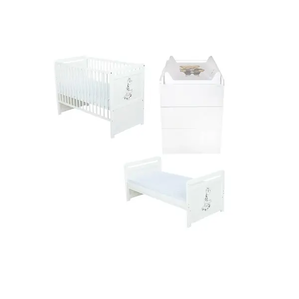 Set mobilier pentru copii, BabyNeeds: Patut multifunctional din lemn de pin, transformabil junior, cu somiera reglabila in 3 trepte, Nadia II, 120x60 cm + Saltea cocos-burete 8 cm + Comoda cu masa de infasat, Alb