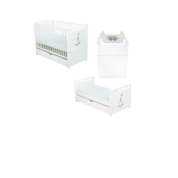 Set mobilier pentru copii, BabyNeeds: Patut multifunctional din lemn de pin, transformabil junior, cu sertar si somiera reglabila in 3 trepte, Nadia II, 120x60 cm + Saltea cocos-burete 12 cm + Comoda cu masa de infasat, Alb