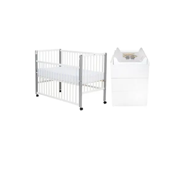 Set mobilier pentru copii, Qmini: Patut din lemn de pin cu roti, cu laterala culisanta si somiera reglabila in 3 trepte, Maya, 120x60 cm + Saltea cocos-burete-cocos, 10 cm + Comoda cu masuta de infasat, Alb