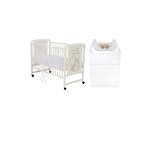 Set mobilier pentru copii, Qmini: Patut din lemn de pin si MDF cu roti, cu somiera reglabila in 3 trepte, Timmi Heart, 120x60 cm + Saltea cocos-burete-cocos, 10 cm + Comoda cu masuta de infasat, Alb