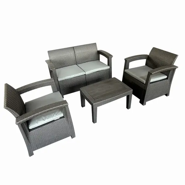 Set mobilier terasa/gradina tip ratan KLUGMEISTER KJF3132, canapea + doua fotolii + masa, culoare gri