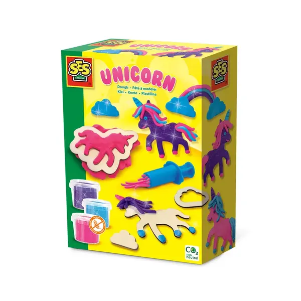 Set modelaj cu unicorni din lemn si plastilina cu sclipici, +3 ani