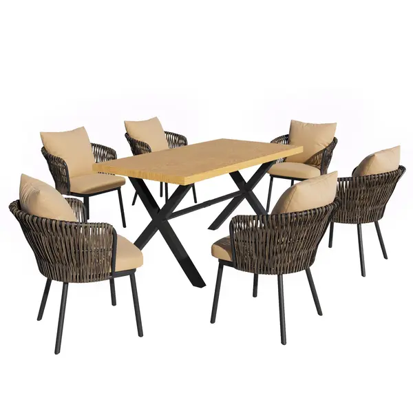 Set modern de luat masă pentru grădină, 6‑piese, pentru 6 persoane, Kaki+Culoare naturală