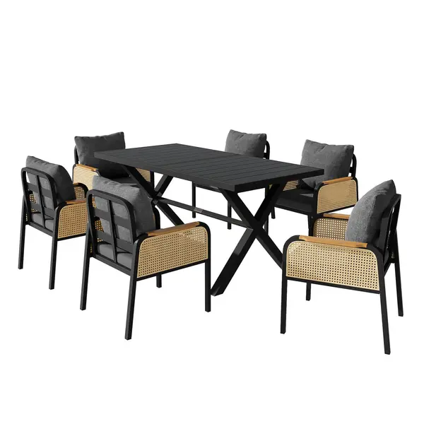 Set modern de masă pentru grădină și terasă, 6 piese, cu cadru din fier în formă de cruce, Negru+Culoare naturală