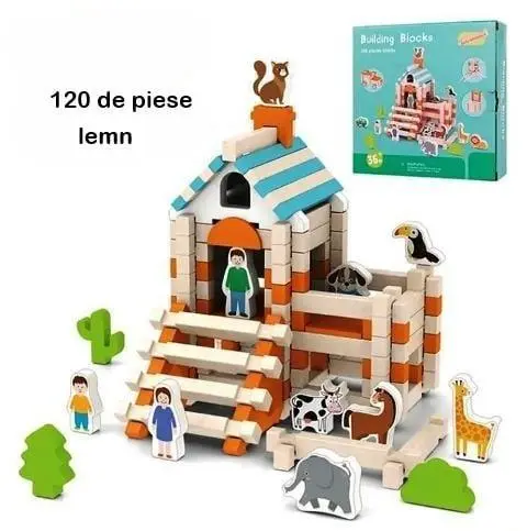 Set Montessori – Blocuri de Construcție din Lemn, 122 Piese cu Animale și Figuri - Default Title