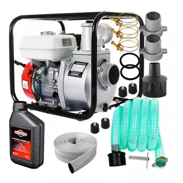 Set Motopompa apa 6.5CP, 2 toli, 500 l/min, H-23m, furtun ref. 20m, furtun abs. 8m, Micul Fermier si Ulei Motor 4Timpi