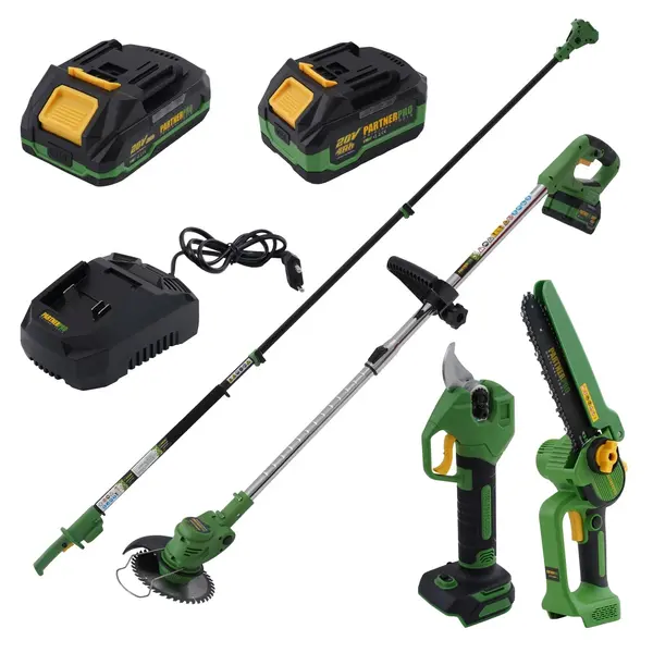 Set multifunctional pe acumulator: foarfeca de gradina, minifierastrau, trimmer si tija telescopica PartnerPRO