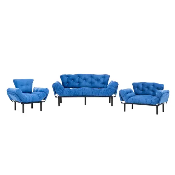 Set NITTA 3-2-1, canapea extensibila 3 locuri, canapea extensibila 2 locuri si fotoliu extensibil, albastru