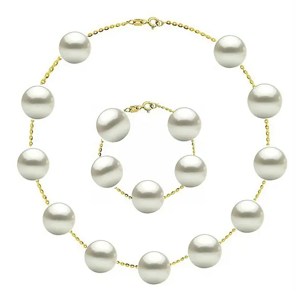 Set Office Perle Albe 9 mm - Colier si Bratara, Aur Galben 14K KASKADDA