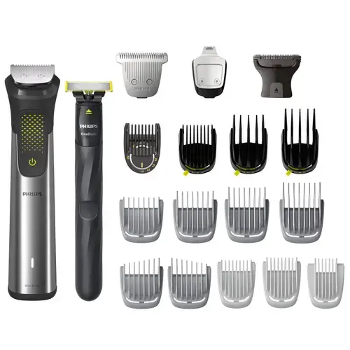Set OneBlade & Aparat de tuns barba si parul 20 in 1 PHILIPS Multigroom All in One MG9553/15, tehnologie BeardSense si OneBlade, lame din otel cu auto-ascutire, 27 setari de lungime, rezistent la apa, husa (Argintiu)