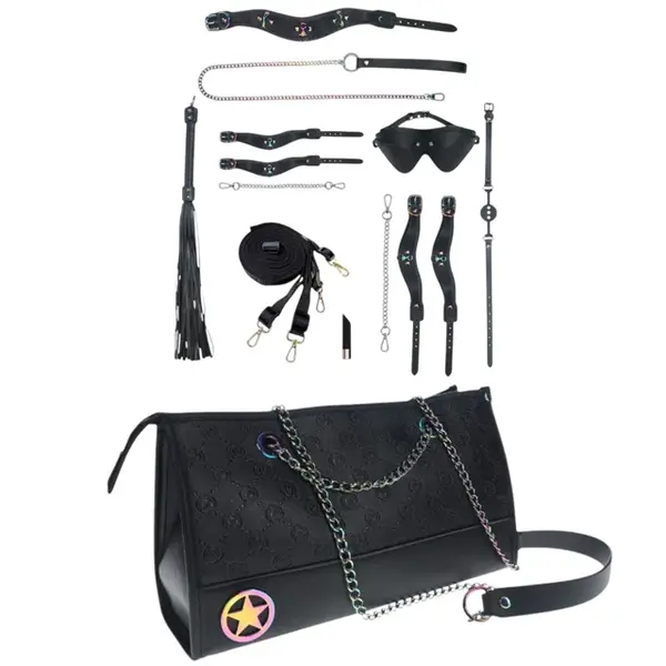 Set OUCH! Kit with Bag - Venice Collection, 9 produse pentru jocuri BDSM, cu cătușe, mască, lesă, căluș, bici și geantă, negru