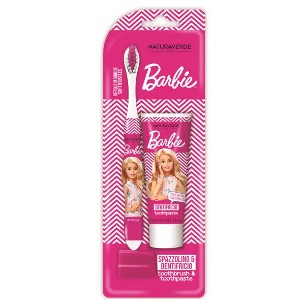 Set Pasta de Dinti Copii x 25 ml si Periuta de Dinti, Naturaverde, Barbie, Peri Moi, Culoare Roz