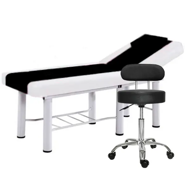 Set Pat cosmetica Alb-Negru, 186x70x70cm, Masa masaj profesional, 22kg, Piele ecologica + Scaun salon cu spatar Negru, Taburet rotativ pe roti