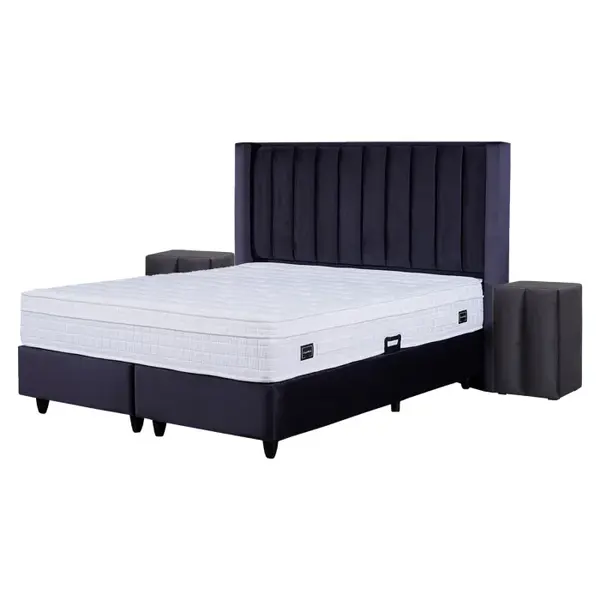 Set Pat tapitat 160x200 cm BLACK, lada depozitare, negru + Saltea CROWN, cu arcuri, 160x200 cm, H 27 cm + 2 Noptiere BLACKBERRY cu 1 usa