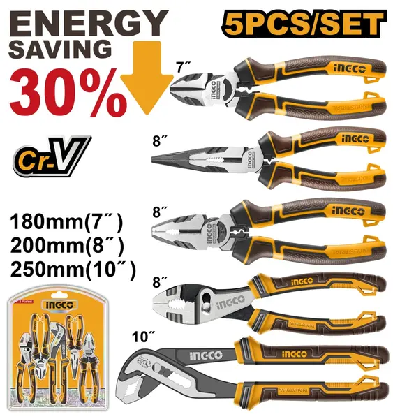 Set Patenti Profesional 5 buc INGCO HKPS28588, otel Cr-V, maner TPR cauciucat, efect parghie mare, multifunctional, finisaj negru polisat