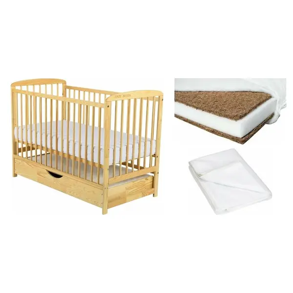 Set Patut din lemn bebe Babyneeds, Ola cu sertar, 120x60 cm, Natur + Saltea patut bebe, Cocos Confort II, Cu fibre de cocos si strat de burete, 120x60x8 cm + Protectie impermeabila, Pentru patuturi 120x60 cm, Alb