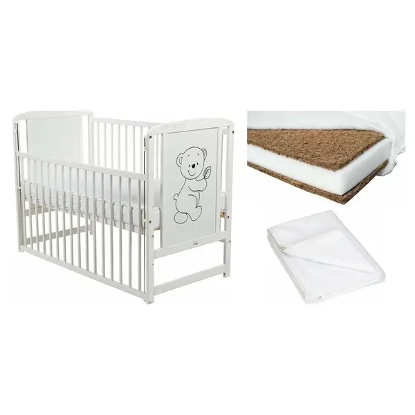 Set Patut din lemn bebe Babyneeds, Timmi cu laterala culisanta, 120x60 cm, Alb + Saltea patut bebe, Cocos Confort II, Cu fibre de cocos si strat de burete, 120x60x8 cm + Protectie impermeabila, Pentru patuturi 120x60 cm, Alb