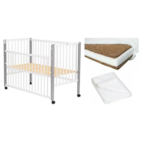 Set Patut din lemn bebe Qmini, Maya cu laterala culisanta, 120x60 cm, Alb + Saltea patut bebe, Cocos Confort II, Cu fibre de cocos si strat de burete, 120x60x10 cm + Protectie impermeabila, Pentru patuturi 120x60 cm, Alb
