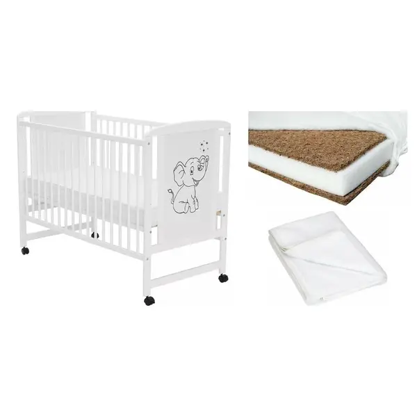 Set Patut din lemn bebe Qmini, Timmi Elephant, 120x60 cm, Alb + Saltea patut bebe, Cocos Confort II, Cu husa detasabila, Antialergica, 120x60x10 cm + Protectie impermeabila, Pentru patuturi 120x60 cm, Alb
