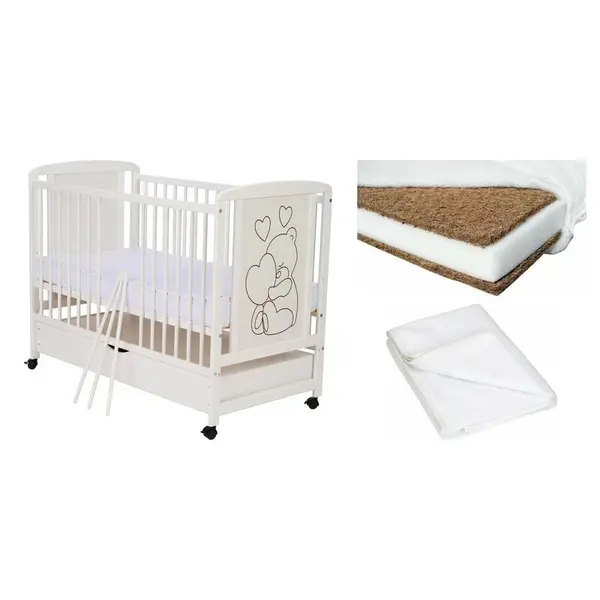 Set Patut din lemn bebe Qmini, Timmi Heart cu sertar, 120x60 cm, Alb + Saltea patut bebe, Cocos Confort II, Cu husa detasabila, Antialergica, 120x60x8 cm + Protectie impermeabila, Qmini, Pentru patuturi 120x60 cm, Alb