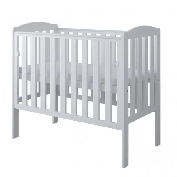 Set Patut din lemn Nichiduta Tobi White 100x50 cm cu saltea inclusa,laterala culisanta,margine din silicon,design modern,margini rotunjite,3 nivele de reglare somiera