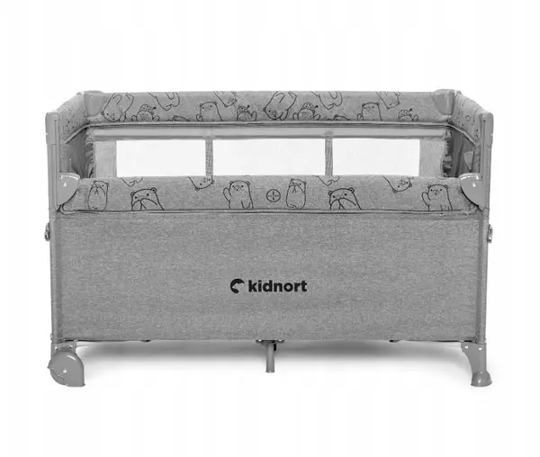 Set Patut pliabil 3 in 1 pentru copii,Kidnort,cu doua nivele,laterala culisanta,plasa de ventilatie,saltea pliabila si geanta de transport incluse,dimensiune 128x78.5x68 cm, Livsmiljo Light Grey + Saltea cocos Comfort 8 cm